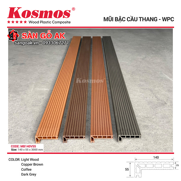 Mũi bậc cầu thang gỗ nhựa Kosmos MB140V55 Light Wood